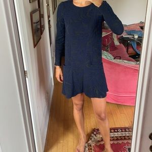 Navy BA&SH short drop-waist dress with long sleeves with brocade detail. Sz 0